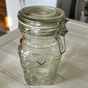 Vintage Retro Clear Canister Pressed Glass - Metal Wire Bail - Mason Jar Hearts